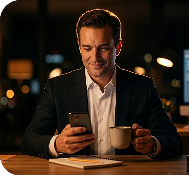 Homem segurando celular com o aplicativo da Efí aberto ao lado de uma maquininha