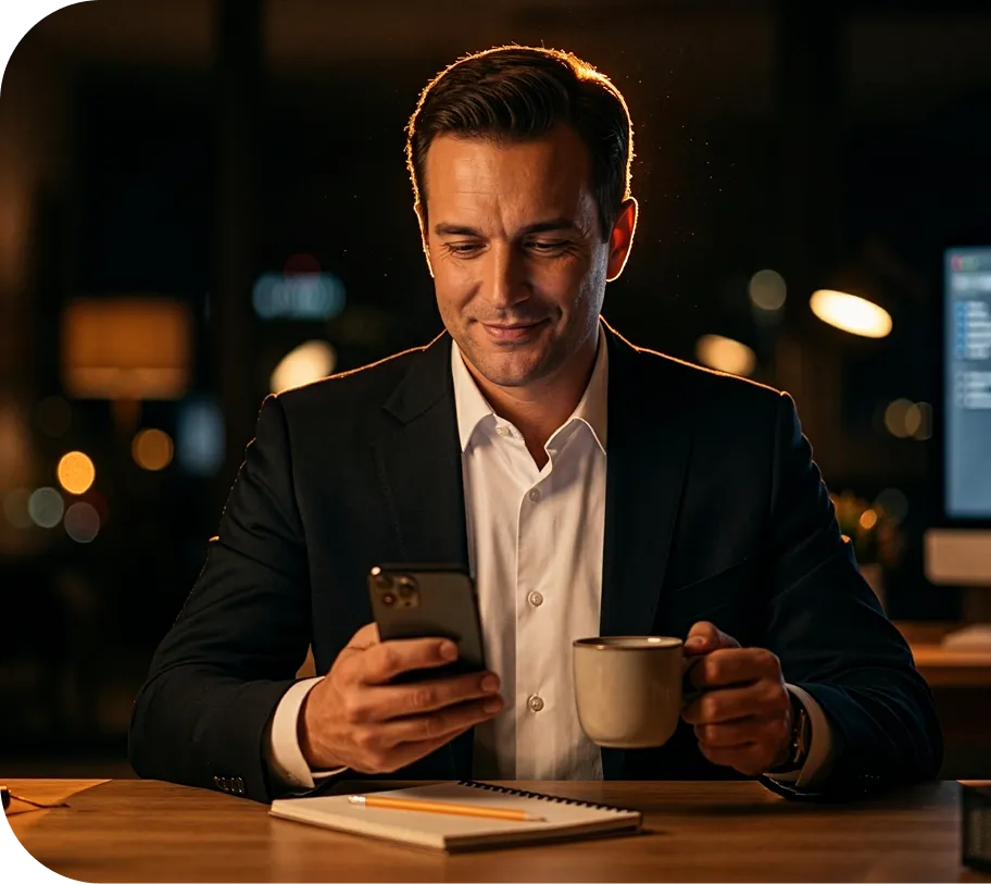 Homem segurando celular com o aplicativo da Efí aberto ao lado de uma maquininha