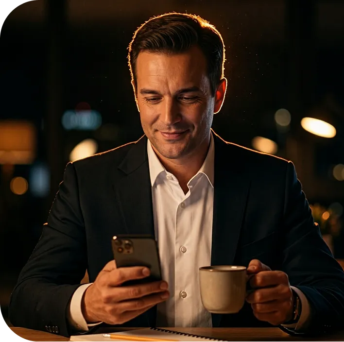 Homem segurando celular com o aplicativo da Efí aberto ao lado de uma maquininha