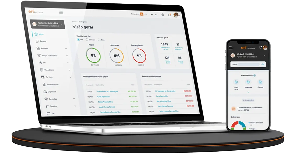 Imagem do ecossistema do Efí Bank com computador aberto na conta Efí ao fundo e na frente um smartphone com uma maquininha de cartão