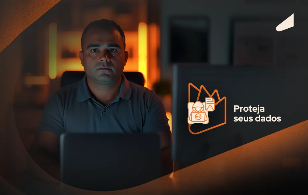 Homem sentado ao notebook com frase "Proteja seus dados"