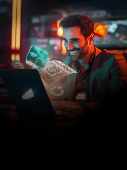Homem usando um notebook com ícones em 3D saindo da tela, ilustrando a API de pagamentos: Pix, boleto e a documentação técnica.