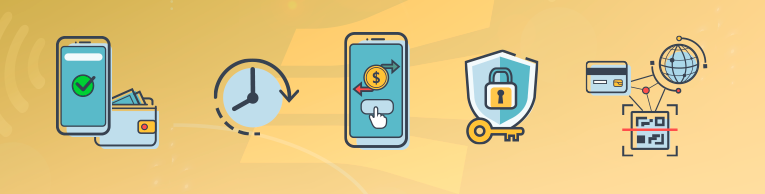 Na imagem: ícones que representam os 5 benefícios do pagamento instantâneo PIX listados abaixo.