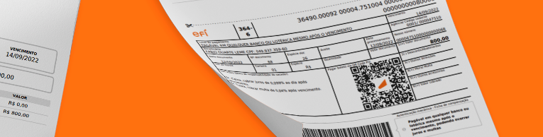 Um pedaço do boleto bancário, sobre um fundo laranja, mostrando o código de barras e QR Code Pix